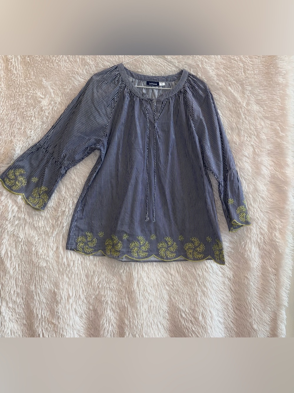 Basic Editions Blue White Striped Yellow Embroidered Scalloped Hem Top Large
